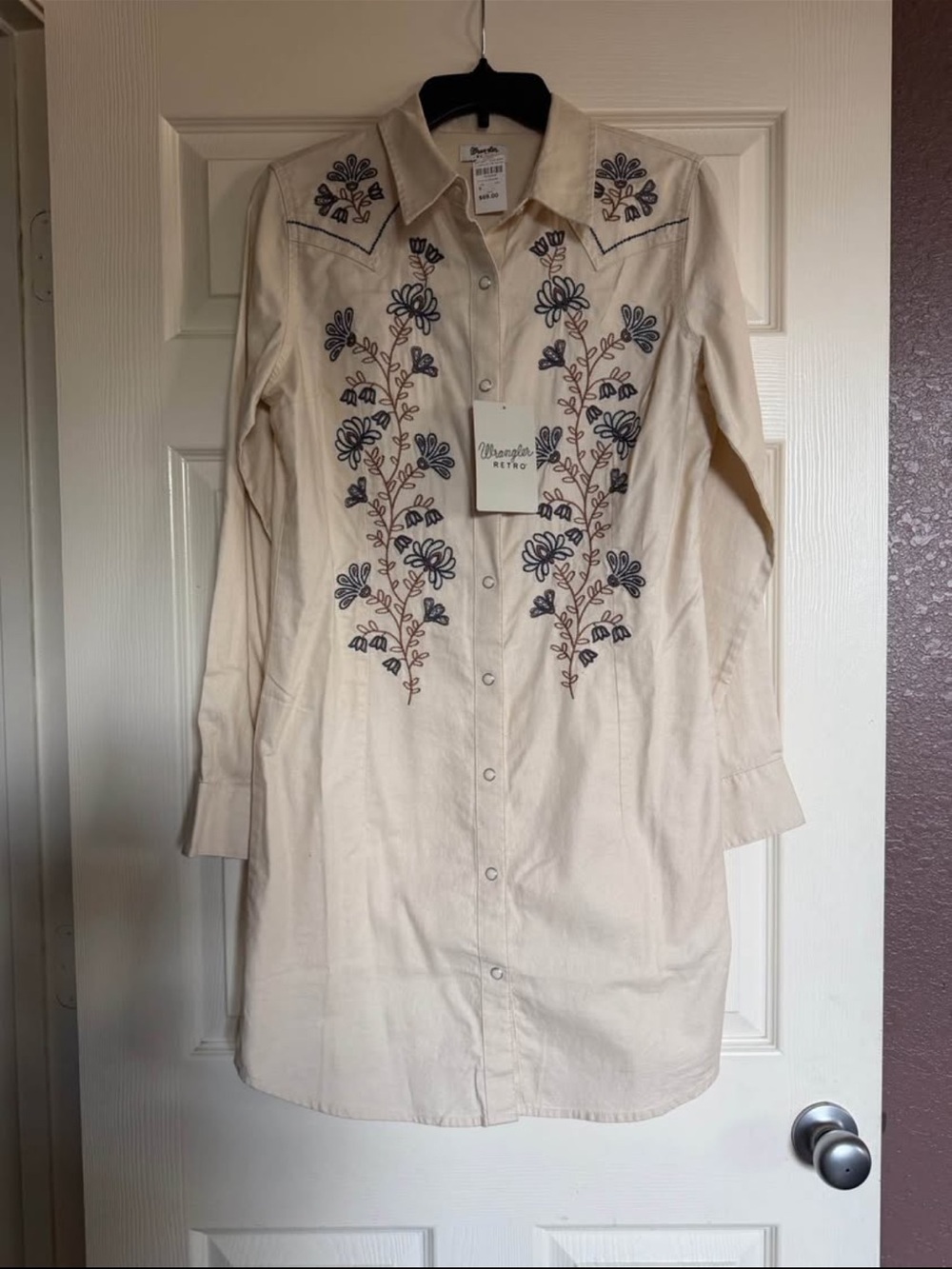Wrangler Cream Long-Sleeve Embroidered Shirt Dress